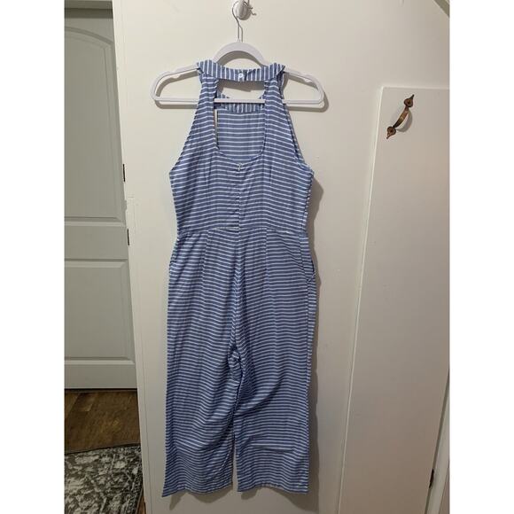 OC Order Plus Linen Jumpsuit Wide Leg Pantsuit Romper Blue Striped Beach Boho L‎ - Picture 15 of 16